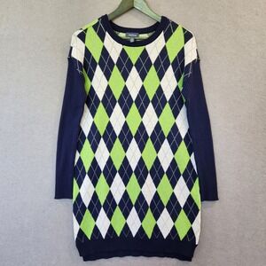 ModCloth After Argyle Sweater Dress L Green Blue Midi Long‎ Sleeve
